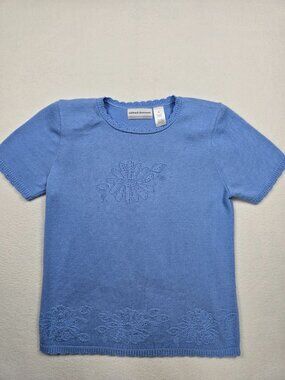 Alfred Dunner Petite Floral Knit Top PS Cottage Core Blue Short Sleeves Cozy
